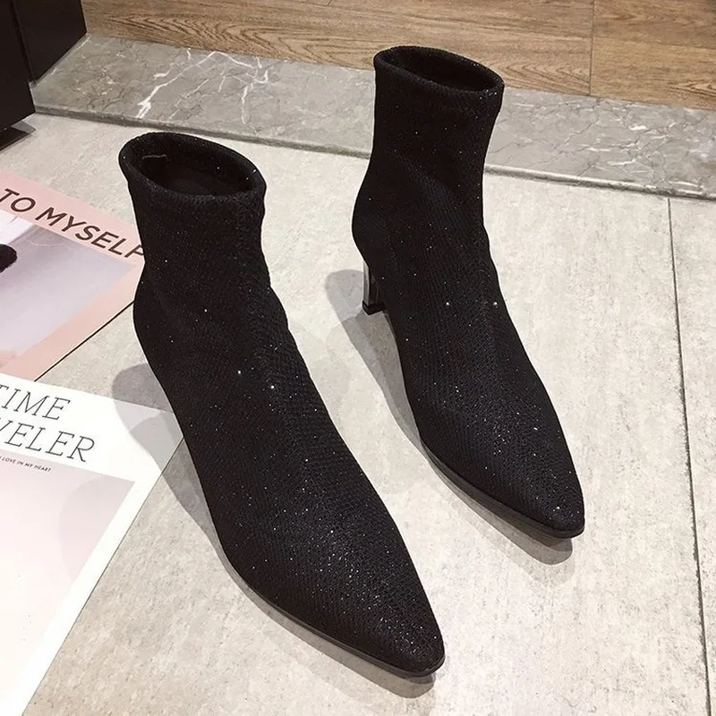 Slim Stretch Ankle Boots for Women Pointed Toe Sock Square High Heel Shoes Woman Fashion Crystal Shine Female | Обувь