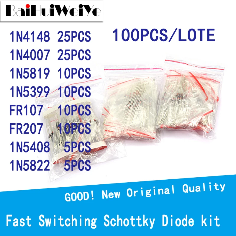 Набор диодов Schottky 100 шт./партия 8 значений = шт. 1N4148 1N4007 1N5819 1N5399 FR107 FR207 1N5408 1N5822|Диоды|
