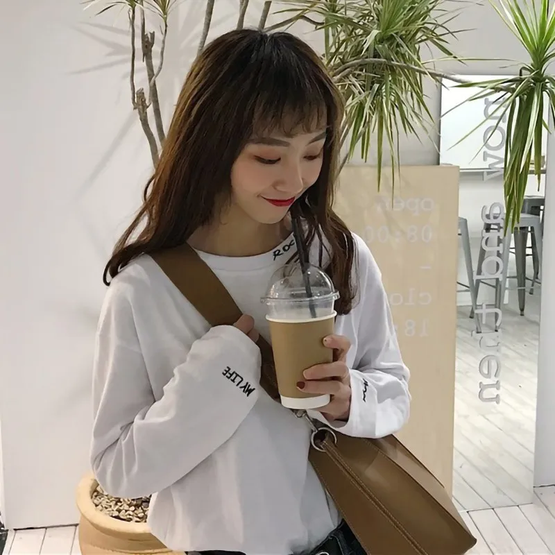 

Women Loose Simple White T-shirt Autumn Fashion New Korean Letter Embroidered Long Sleeve T-shirt Top