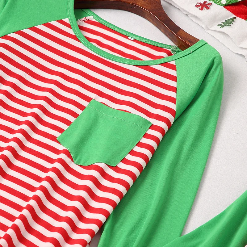 

New Year Christmas Family Dress Striped Patchwork Mommy And Me Clothes Long Sleeve Casual T-Shirt Dress With Pocket Family Look
