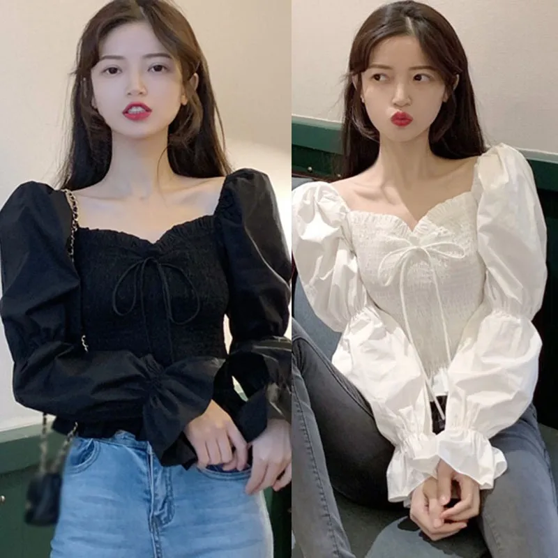 

Women French Style Palace Blouses Square Collar Slim Short Shirt Top Solid Color Puff Sleeve Blouses