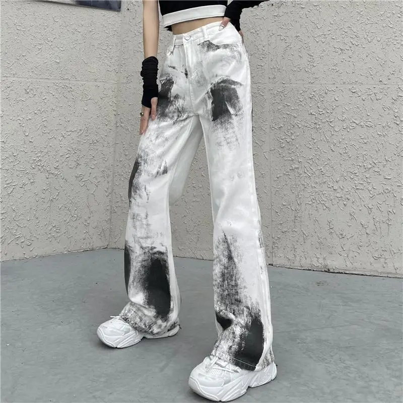 

Women's Tie Dyed Wide Leg Pants Autumn Straight Tube Loose High Waist Retro Floor Mop Vintage Jeans Full Length Casual Trousers