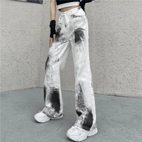 womens tie dyed wide leg pants autumn straight tube loose high waist retro floor mop vintage jeans full length casual trousers