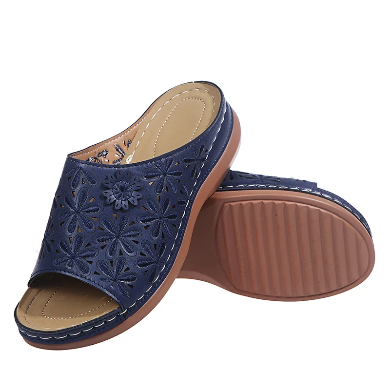 

Women's Wedges Heels Slippers 2021 Summer Platform Shoes Ladies Vintage Slides Hollow out Flowers Sewing Shoes Large Size 43