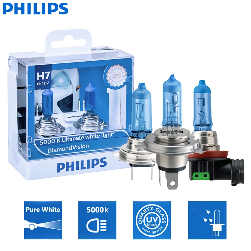 

NEW Philips Diamond Vision H1 H4 H7 H8 H11 9005 9006 HB3 HB4 12V DV 5000K Cool White Light Car Halogen Headlight Fog Lamp (Twin)