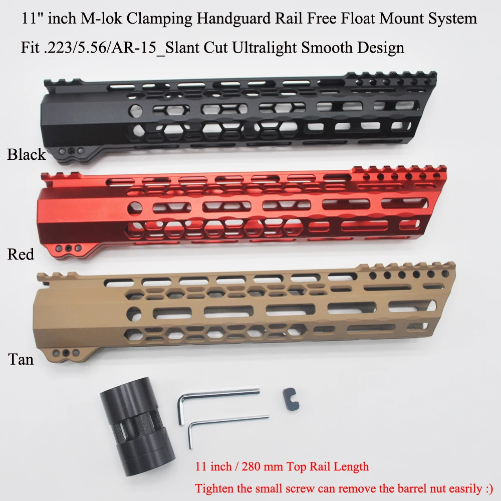 

TriRock Black/Red/Tan 11 inch Clamping Style M-lok Handguard Rail Slant Cut Ultralight Free Float Mount System .223/5.56 AR-15