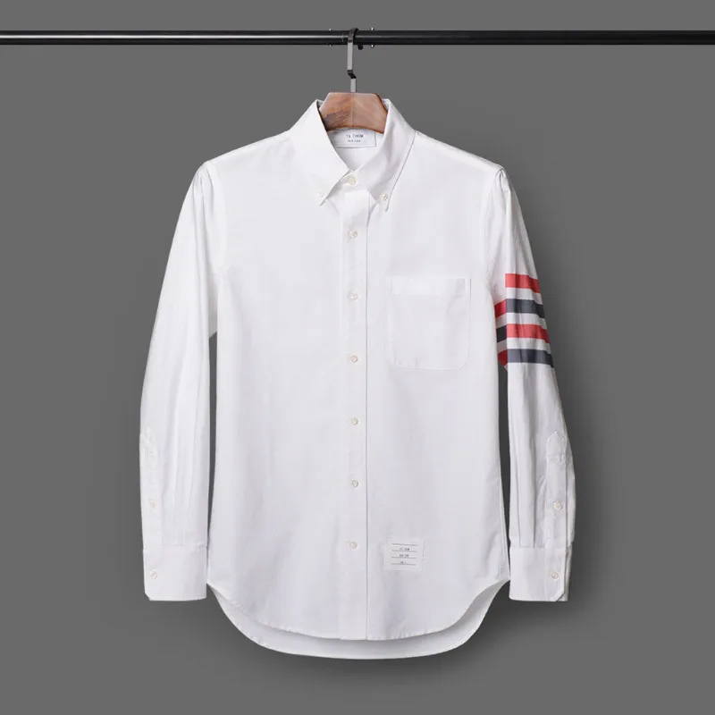 

2021 TB THOM men's dyed Oxford casual shirts with striped summer long sleeve white men fashion turn down collar shirt male