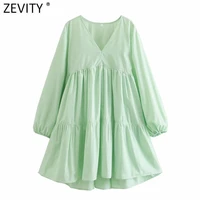 zevity women fashion solid color v neck pleats poplin shirt dress female chic hem irregular beach style summer vestidos ds8142