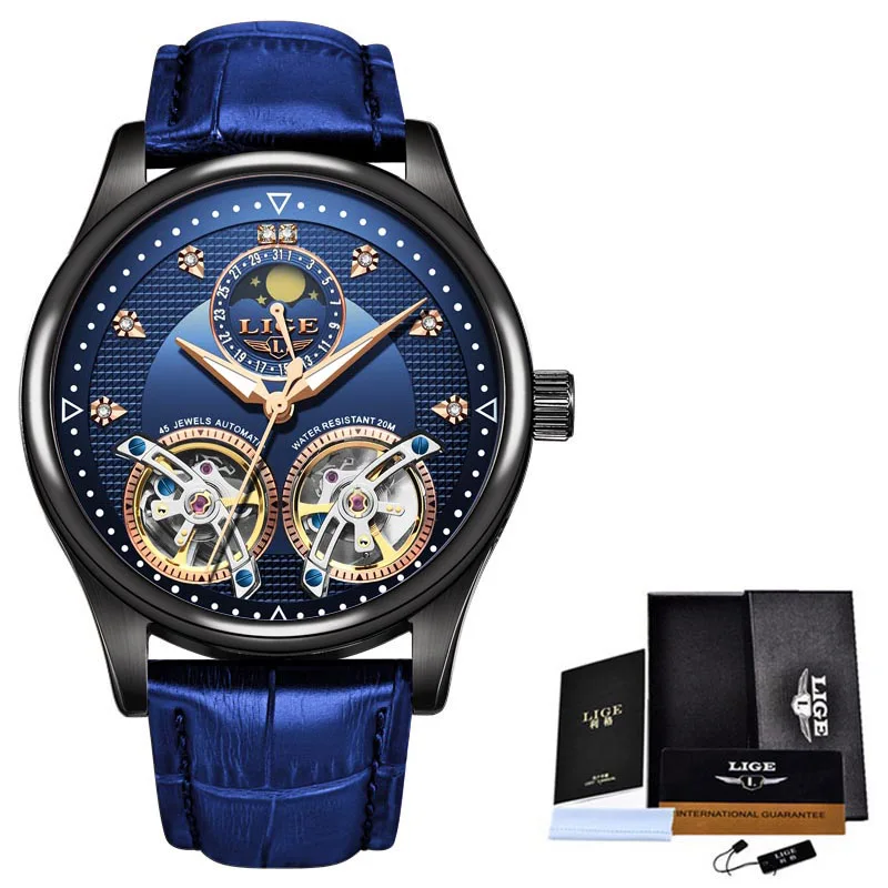 Black blue LIGE, Мужские автоматические механические часы, мужские Водонепроницаемые кожаные часы, Топ бренд, роскошные мужские деловые часы - Цвет: Black blue