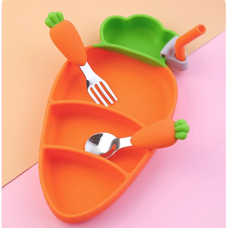 

24BE 3pcs Silicone Baby Cartoon Tableware Set Children Dishes Kids Baby Feeding Plate Training Bowl Spoon Fork