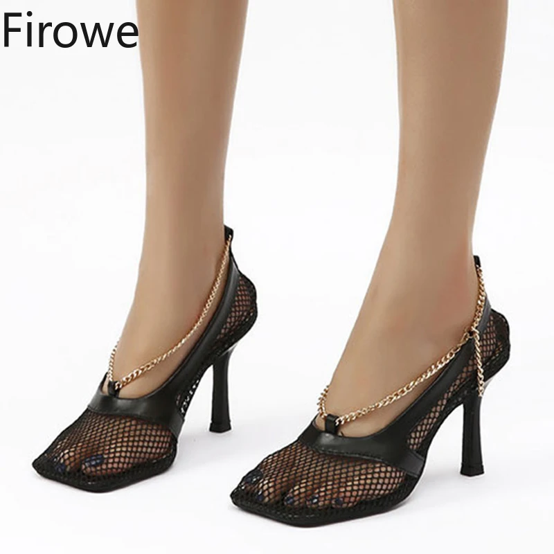 

Firowe Summer Autumn Sexy Mesh Pumps sandals Female Square Toe high heel Chain Stiletto hollow Party Dress Pumps shoes 7CM