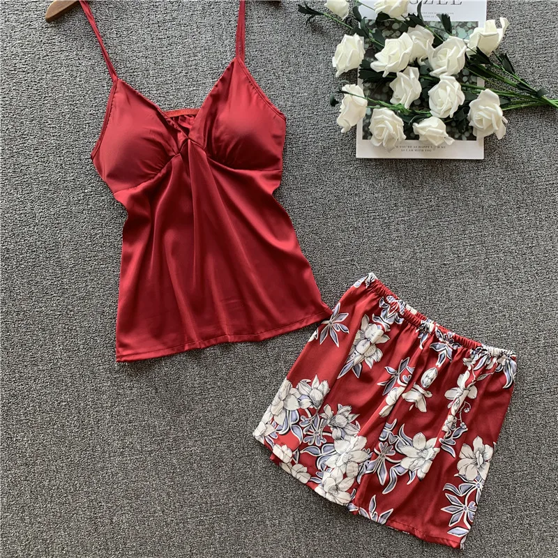

2020 New Printing Ice Silk Pajama Set Woman Imitate Real Silk Nightdress Shorts Twinset Sleepwear