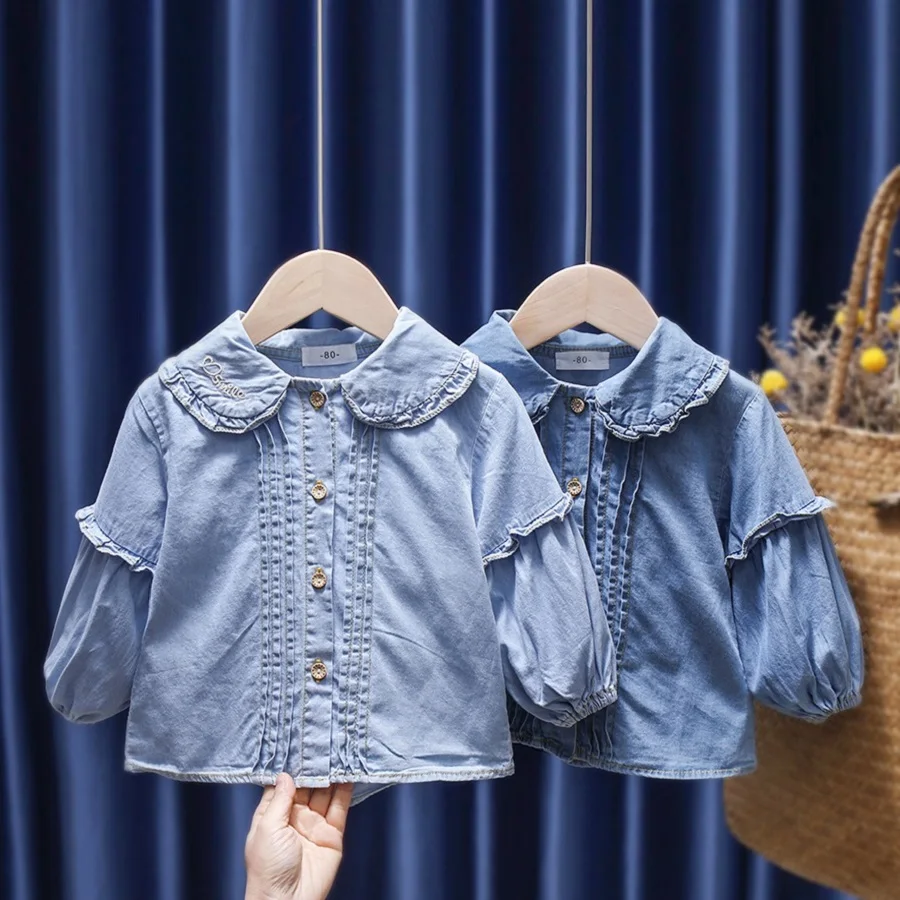 

Baby Kids Blouse Long Sleeve Toddler Girl Spring Jean Clothing Infant Children Peter Pan Collar Tops Newborn Casual Denim Shirt