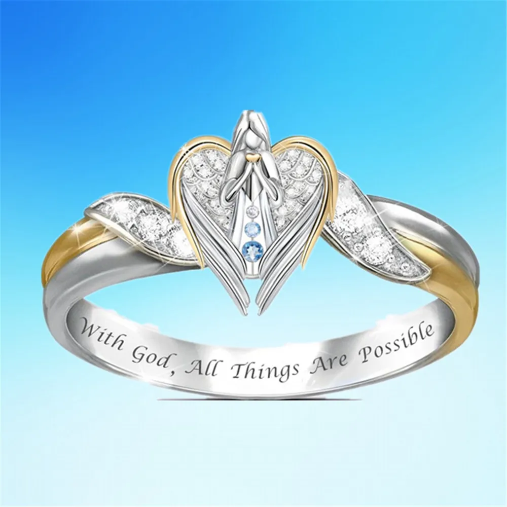 

Creative exquisite prayer angel women's party wedding jewelry inlaid zircon two-color ring Valentine's day gift wholesale