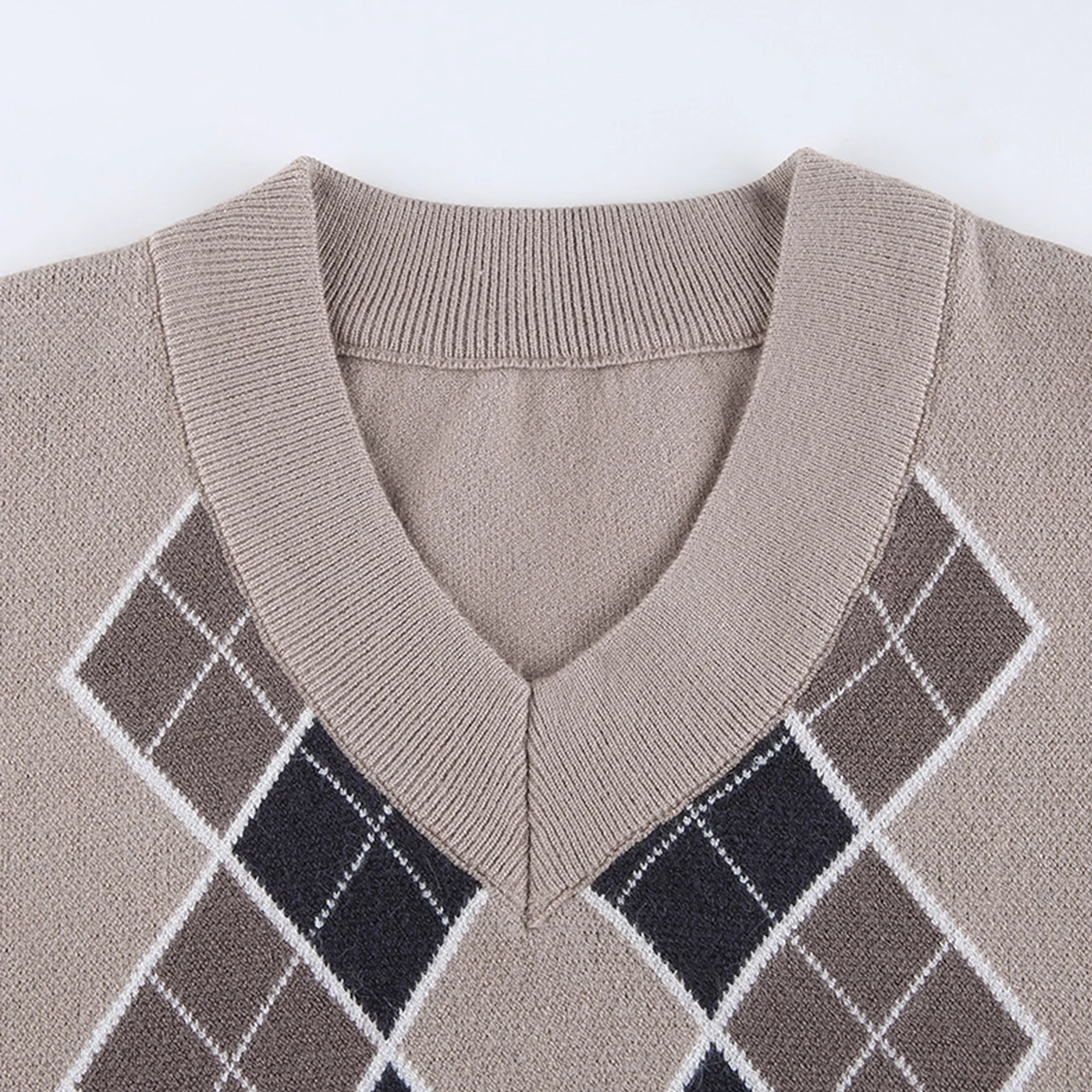 

Women V Neck Long Sleeve Argyle Plaid Jumpere Autumn Winter Knit Sweater Pullover