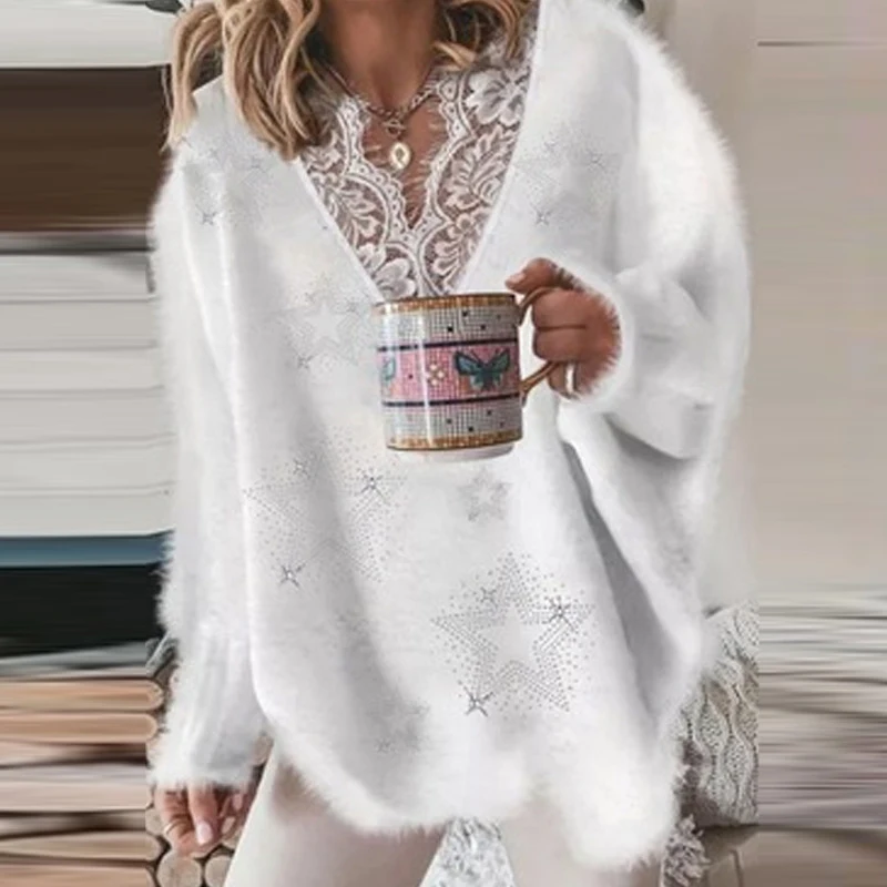 

Модный Удобный женский мягкий свитер, элегантный кружевной флисовый свитер с V-образным вырезом и оборками, уличная одежда свободного кроя, ...