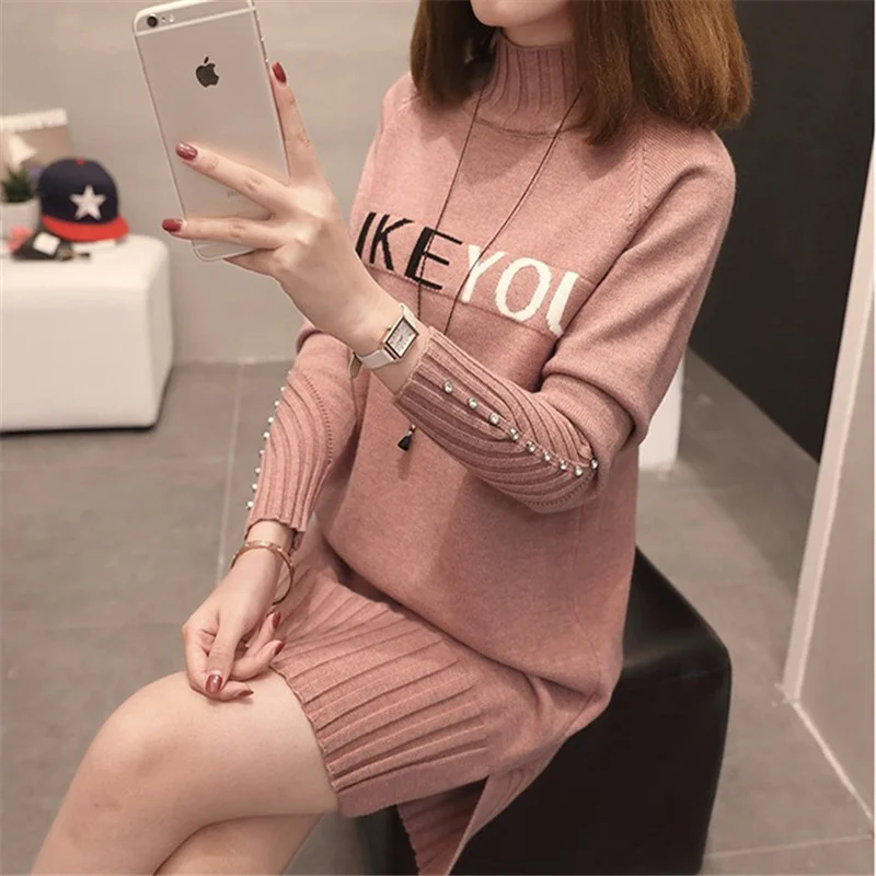 

2023 Autumn Fashion Mid Long Turtleneck Knitted Sweater Women Pullover 6 Color Diamond Letter Print High Collar Knit Tops Female