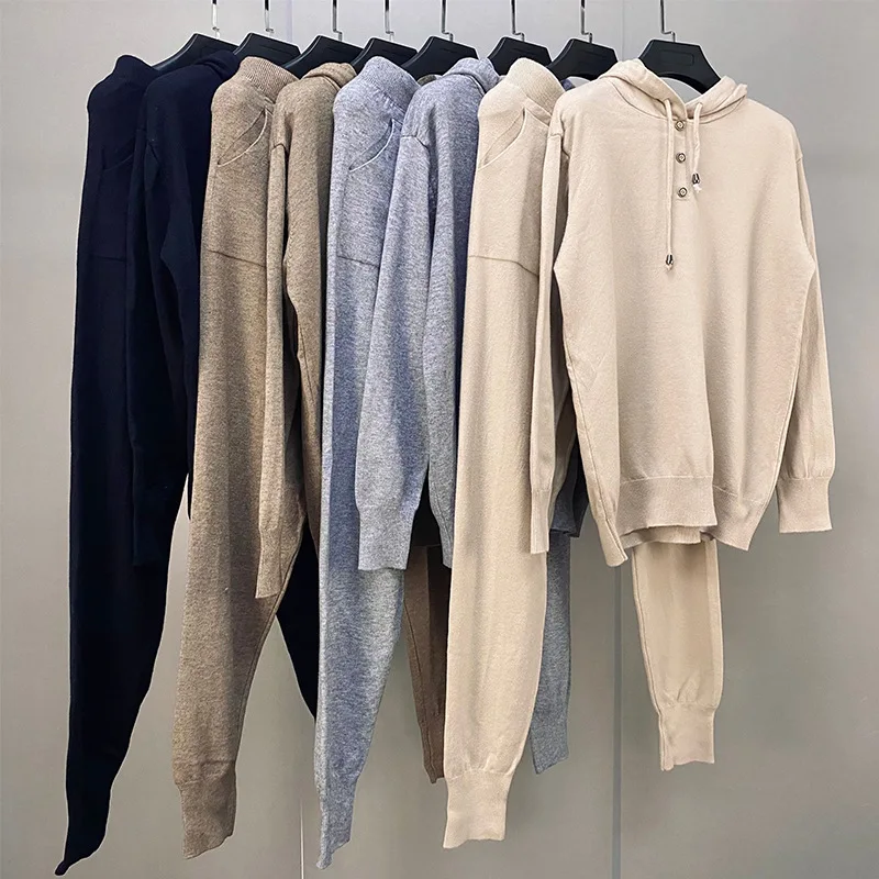 

Women Sexy V-neck Warm Hooded sweaters set + wide Leg pants Two pieces pieces 1382