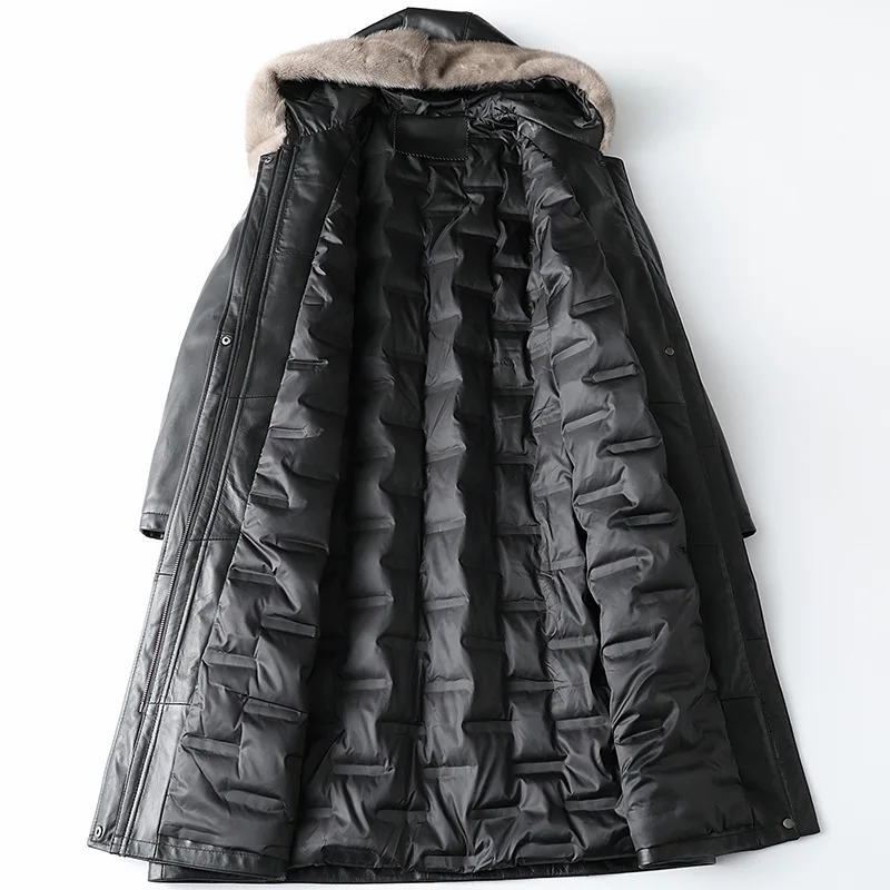 Женский длинный пуховик из овечьей кожи с меховым воротником и капюшоном большие