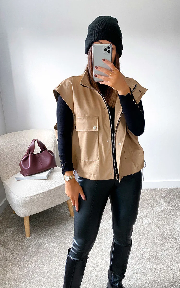 

Women Sexy Sleeveless Pu Leather Pockets Button Zipper Fashion Jacket Coat 2021 Autumn New Style Casual Loose Motorcycle Jackets