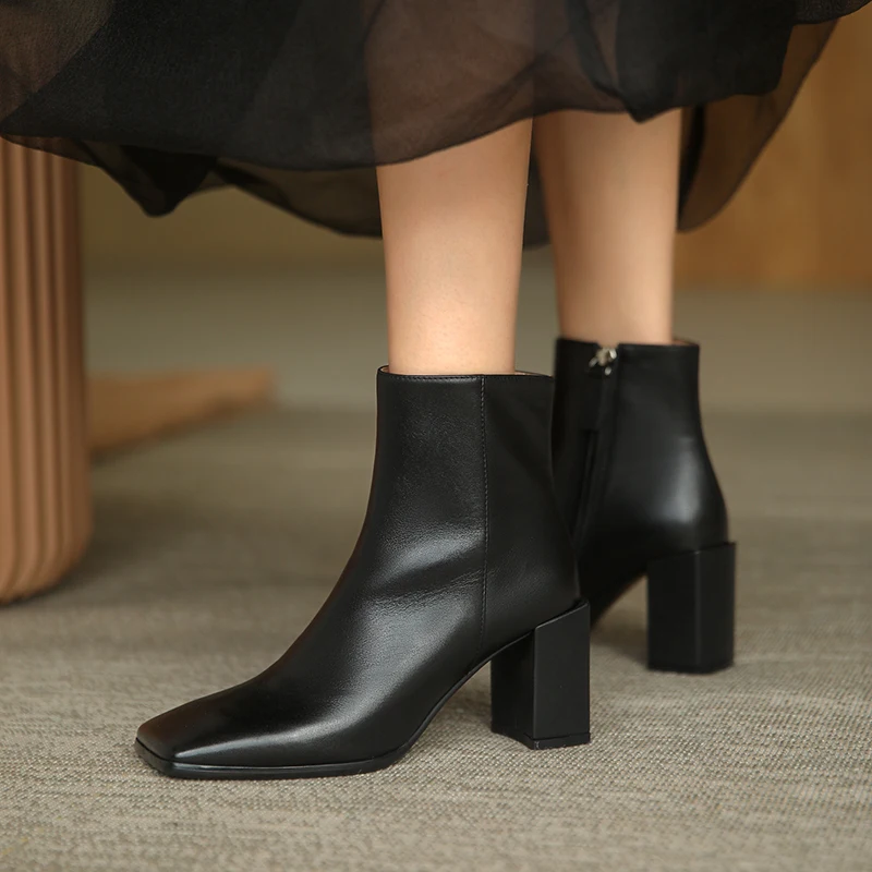 

Genuine Leather Ankle Boots for Women Square Toe High Heels Autumn/Winter Shoes Woman Zipper Thick Heels Ladies Western Boots
