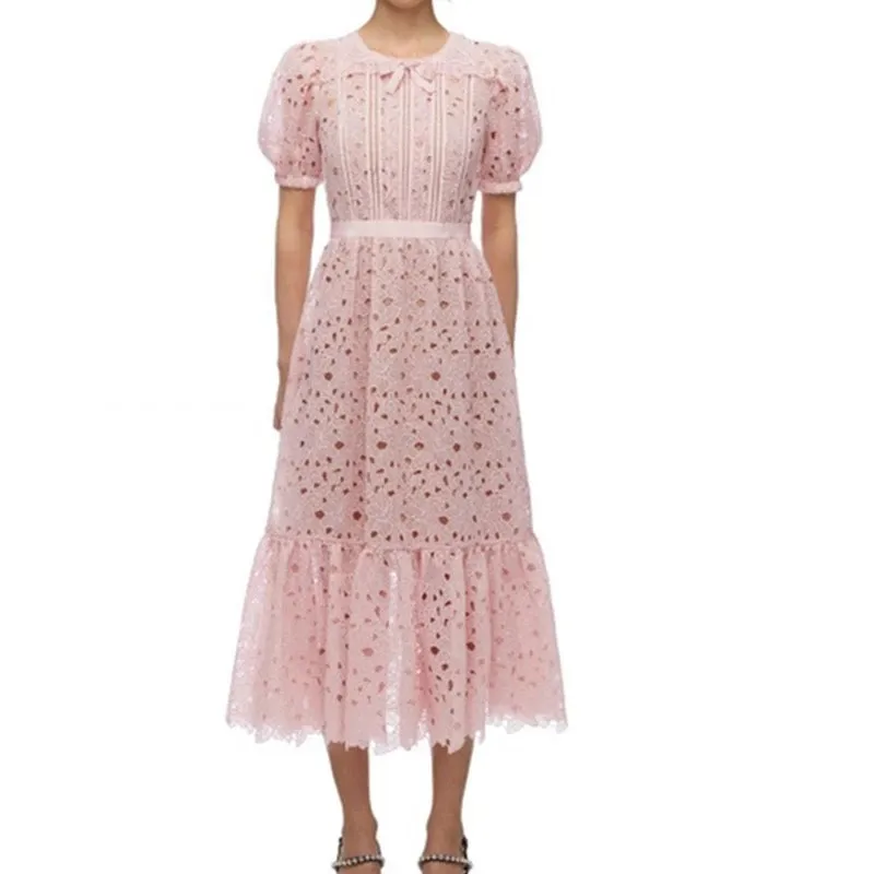 

ZAWFL Korean Court Style Lace Hook Flower Dress Women Elegant High Waist Hip Mermaid Slim Vestido O-Neck Short Sleeve Robe