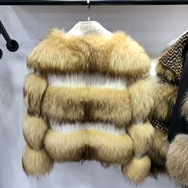 rf1930 Promotion Luxury Full Pelt Natural Raccoon Fur Striped Coat Women Zipper Long Sleeve Winter Real Fur Jacket