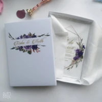 free shipping 2019 hot sale custom personalized printing with purple flower clear acrylic wedding invitation cardbox with logo