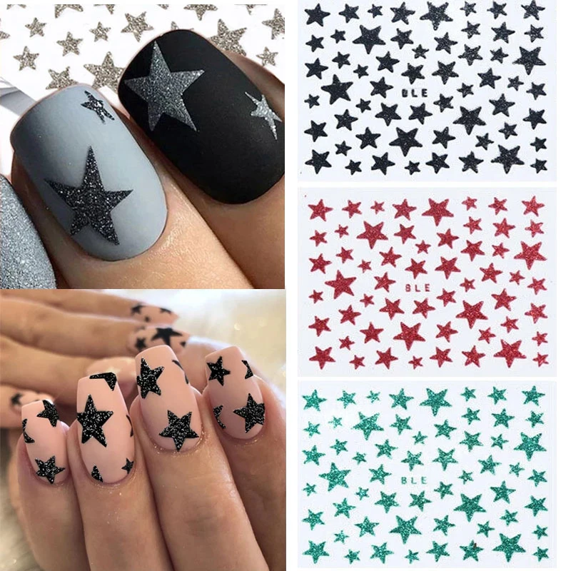 1 Sheet 3D Nail Slider Stars Stickers Glitter Shiny Decoration Decal DIY Transfer Adhesive Colorful Nail Art Tips For Manicure