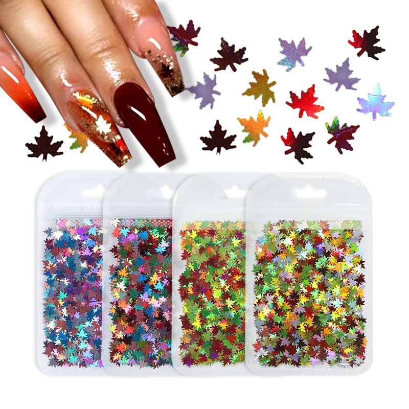 4 Bags Sparkly Fall Maple Leaves Holographic Sequins Kit For Nail Art Decorations Chameleon Glitter Flakes Design Christmas | Красота и