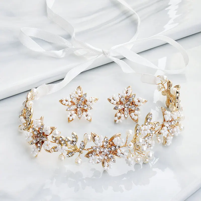 

Fashion Flower Wedding Bride Headband and Earrings Women Prom Bridal Hair Accessories Handmade Headwear for Wedding