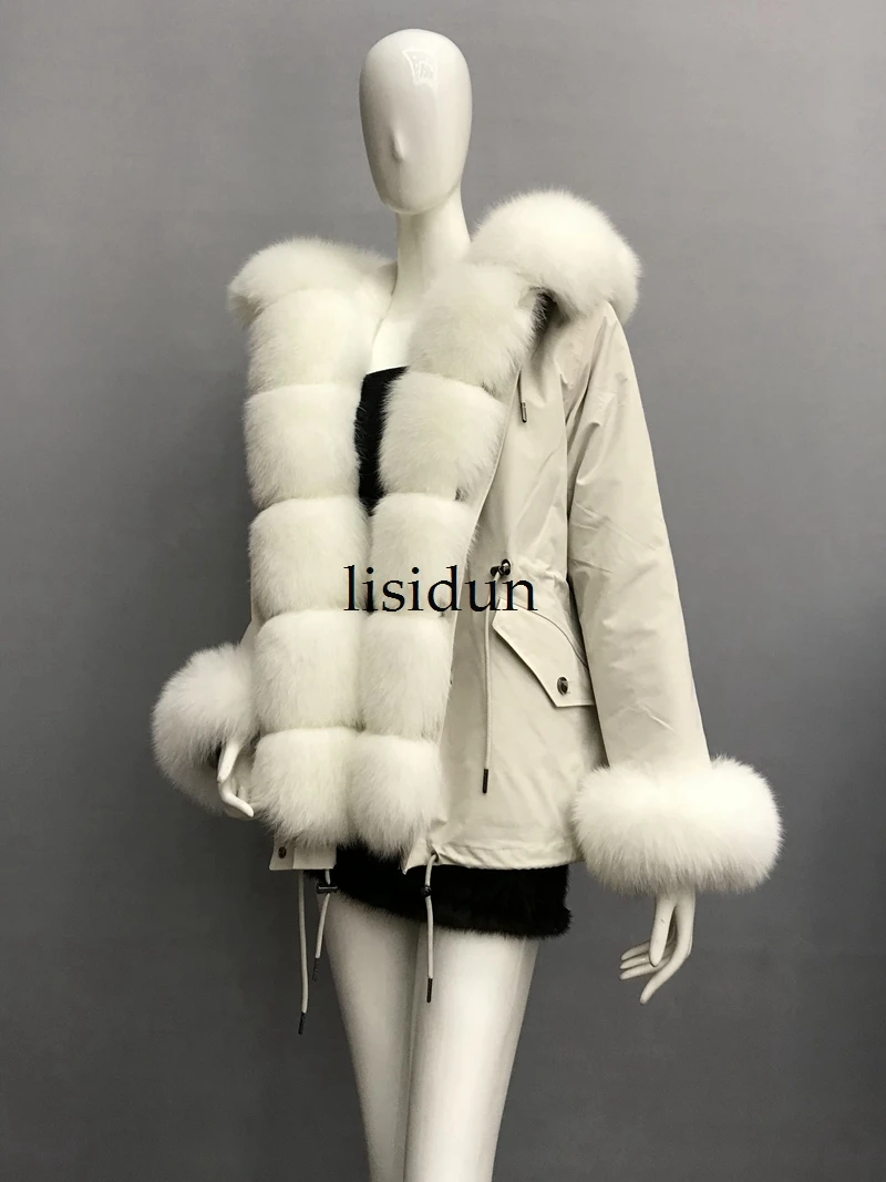 LISIDUN настоящая меховая Парка женская зимняя куртка натуральный Серебряный лисий мех пальто с капюшоном настоящая подкладка из кроличьего меха куртка женская шуба