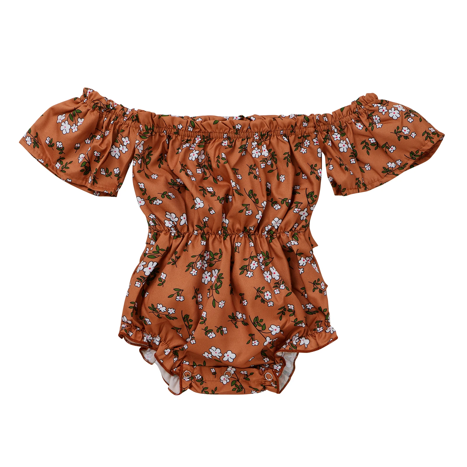 

Infant Newborn Baby Girl Flower Print Jumpsuit, Elastic Waist Off Shoulder Short Sleeve Short Pants Romper