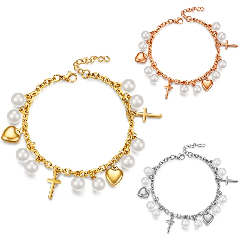 

2020 New Gold color Stainless Steel Cross Women bracelet Personality Love Pearl Bracelet Gift Jewelry