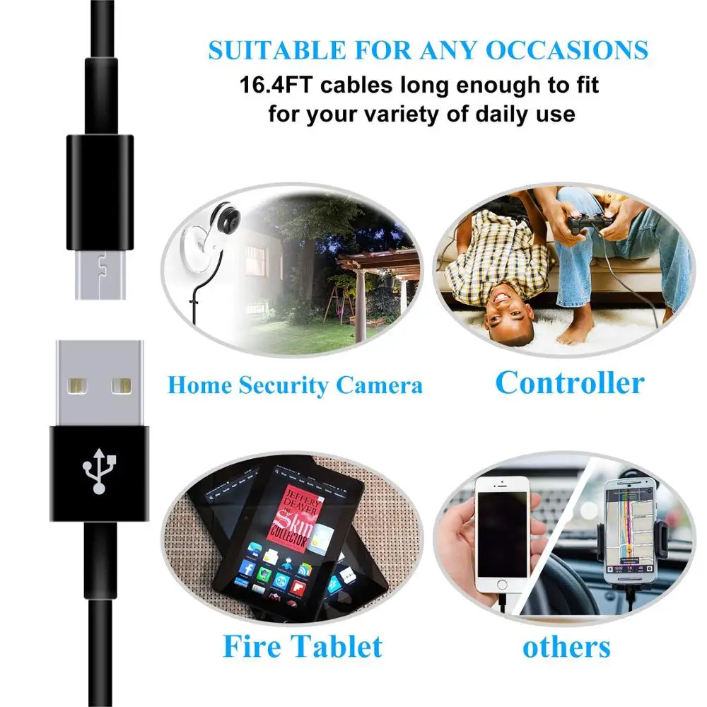 Сверхдлинный кабель Micro USB 5 м для Victure Camera YI Dome Furbo Dog Dropcam Wyze Cam Xbox PS4|Кабели