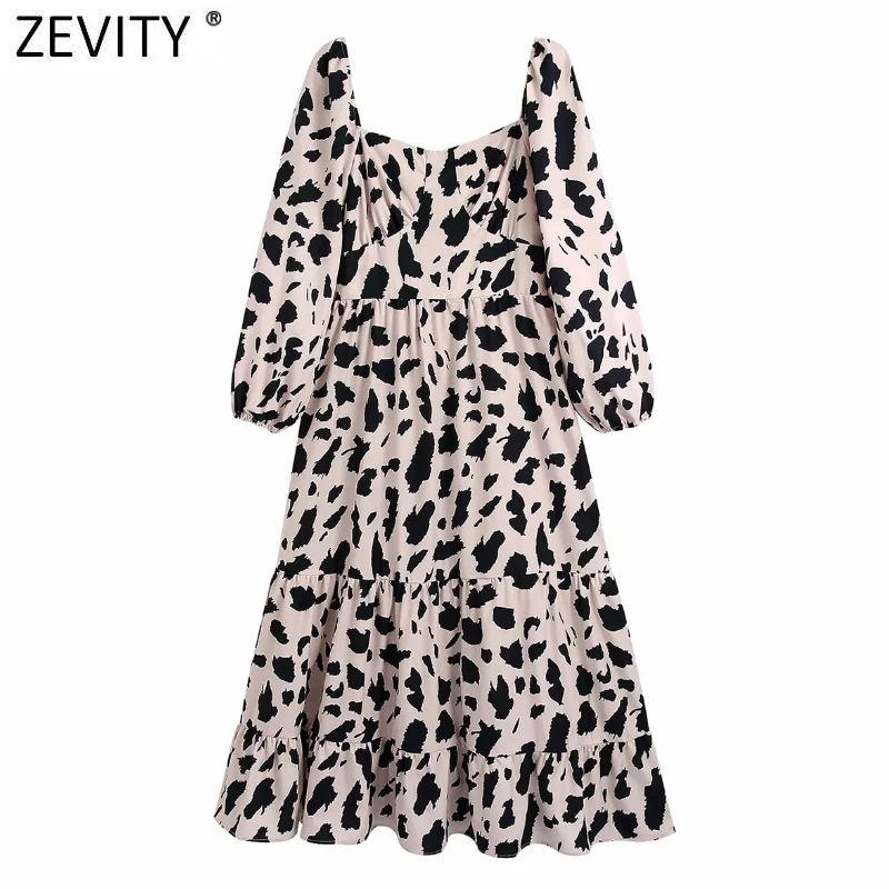 

ZEVITY женское винтажное Повседневное платье миди с квадратным воротником и леопардовым принтом, женское платье с молнией сзади и оборками, пл...