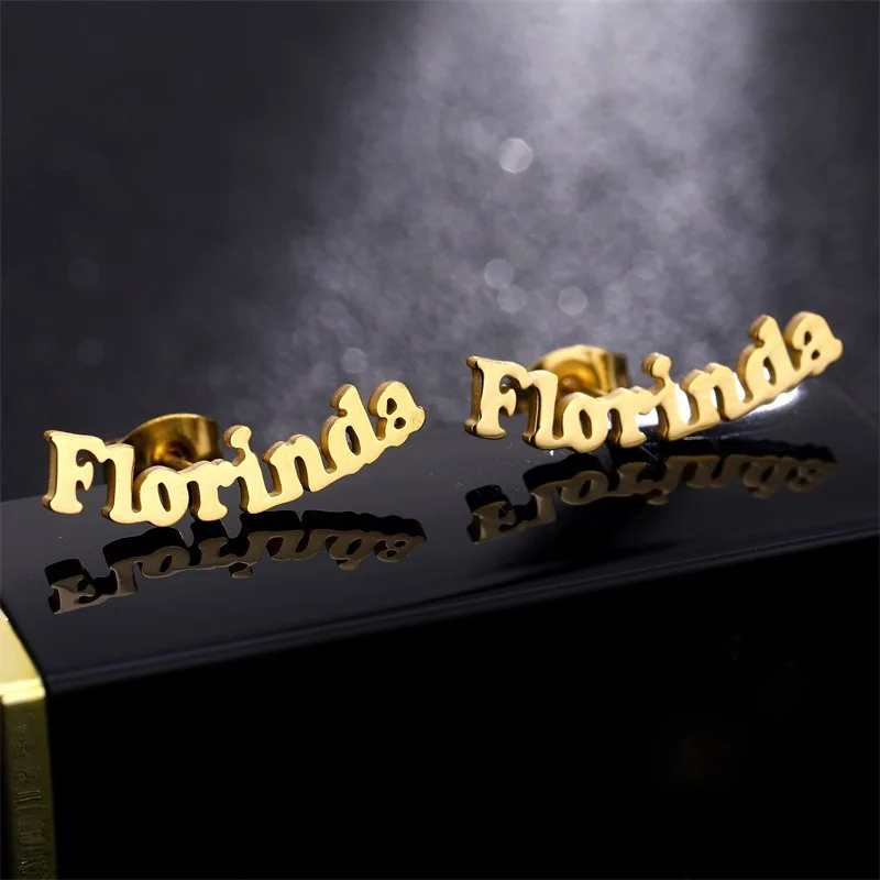 

Hot Sale Handmade Custom Name Women Earring Personalized Gold Customize Cursive Nameplate Stud Earrings Stainless Steel Jewelry