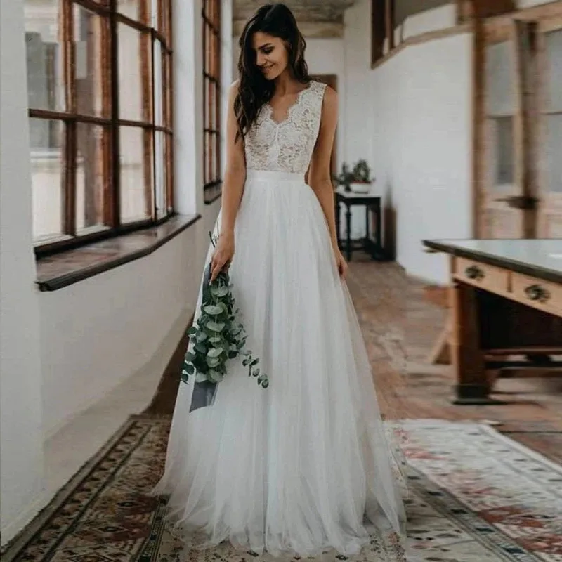

Boho A-Line Wedding Dress 2020 Bohemian Lace Elegant V-neck Sleeveless Tulle Beach Boho Bridal Gowns Custom Made Robe de Mairee