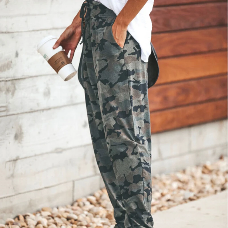 Высокая талия брюки свободные шаровары Хип хоп женские длинные Drawstring камуфляж