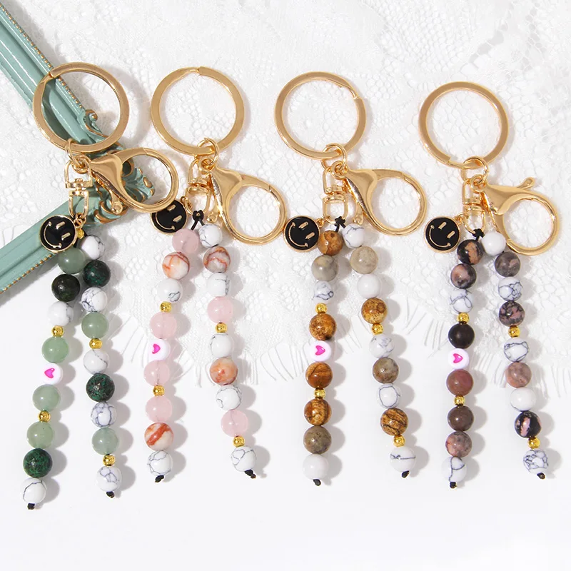 

Multicolor Natural Quartzs Keychains For Women Handbag Car Hanging Smile Fatima Charm Keyring Raw Rough Stone Key Pendant Chain