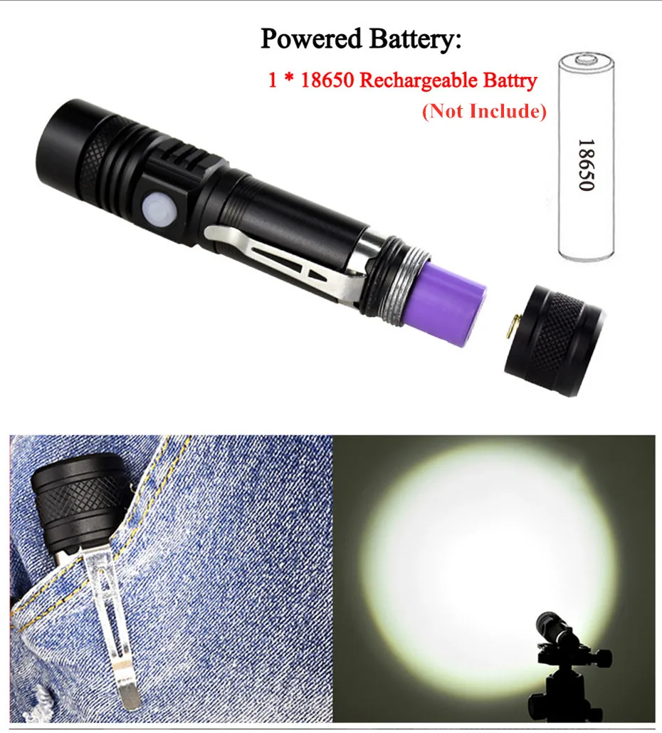 

Powerful led flashlight usb rechargeable Zoom torch T6 LED hand lamp 18650 Battery flash light use for Camping Hiking checking