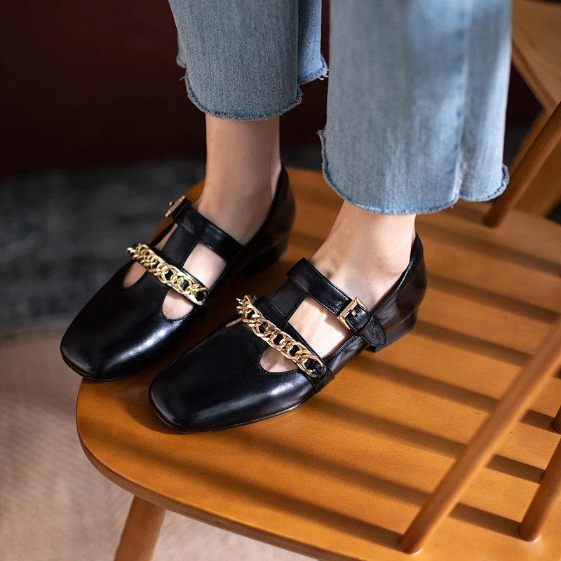 

Women Shoes Natural Leather pumps 22-24.5cm Hollow spring and summer cowhide Sheepskin insole Metal chain Mary Jane shoes spring