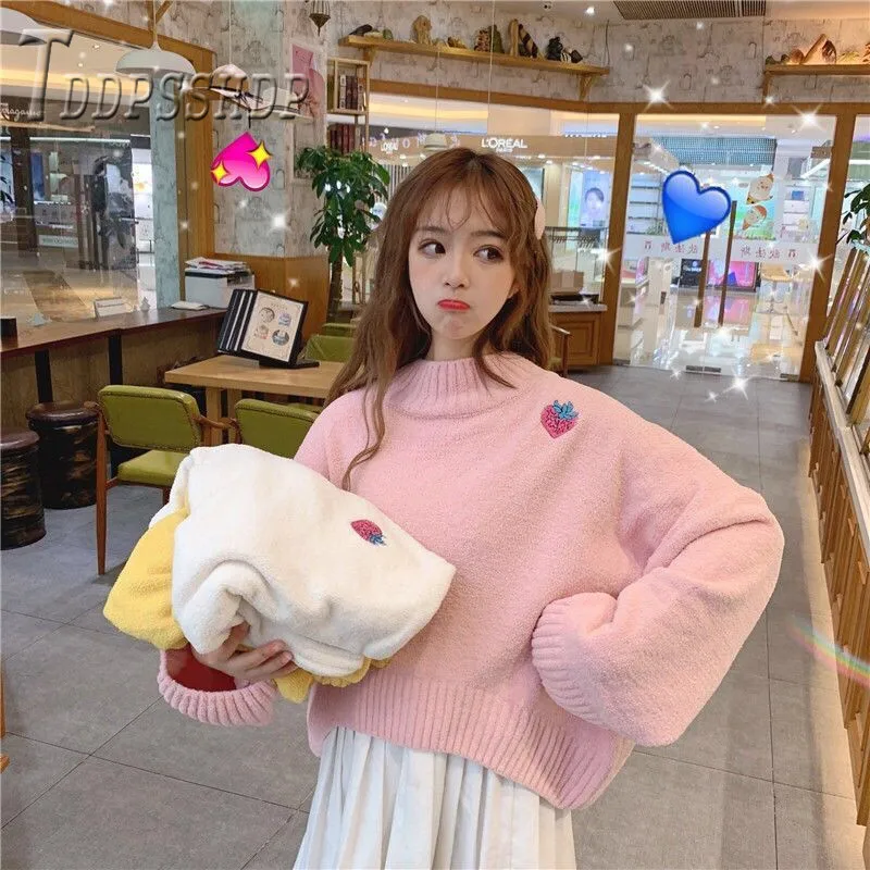 2019 вышитый клубничный корейский женский свитер Свободный пуловер осенний