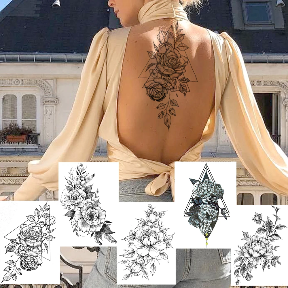 

Geometric Flower Temporary Tattoos Fake Black Rose Peony Waterproof Tattoos Sticker Women's Fashion Body Art Arm Tattoo For Show