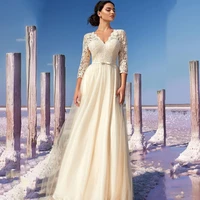 boho graceful v neck wedding dresses 2021 a line lace appliques backless belt 34 sleeve tulle floor length bride robe de mari%c3%a9e
