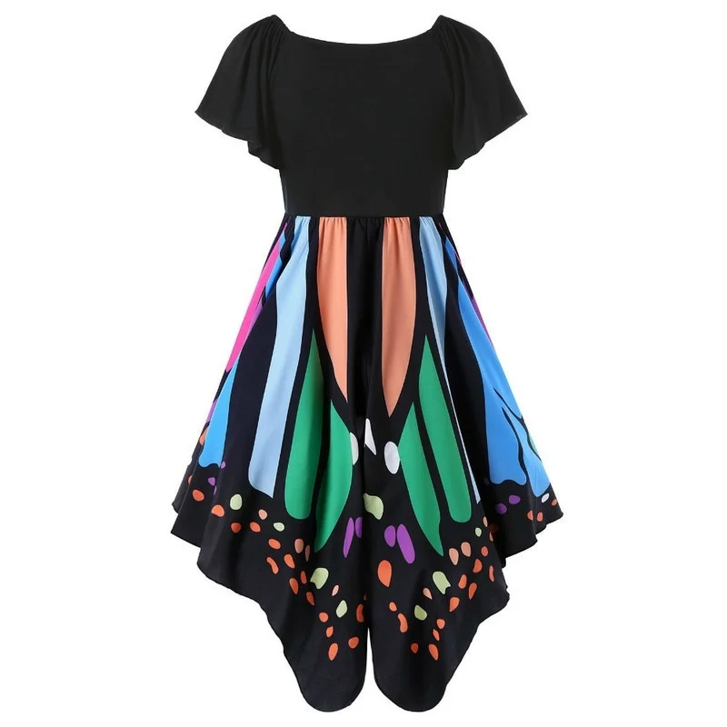 Женское платье с коротким рукавом асимметричным принтом бабочки на шнуровке