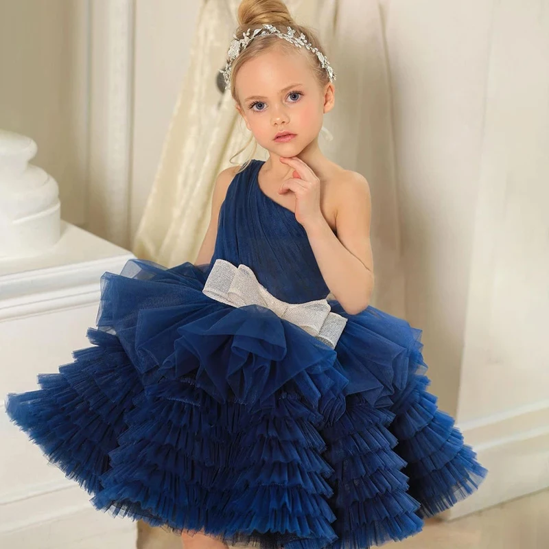 

Navy Blue Tiered One Shoulder Girl Princess Flower Girl Dresses Bow Birthday Pageant Robe De Demoiselle First Communion Colorful
