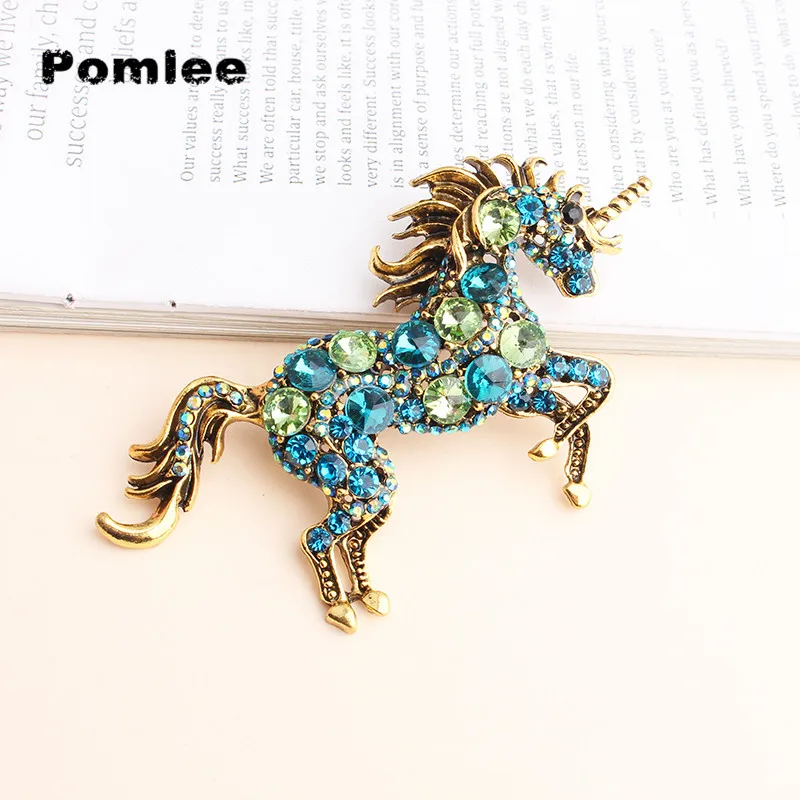 Pomlee Green Blue Rhinestone Horse Brooches For Women Unicorn Brooch Dual purpose brooch Animal Fashion Jewelry Vintage Coat Pin