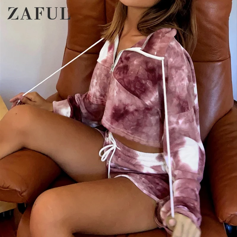 

ZAFUL Tie Dye Casual Tracksuit Women Two Piece Set Half Zip Sweatshirt And Sweat Shorts Casual Loose Sportwear Suit Sexy Outfits