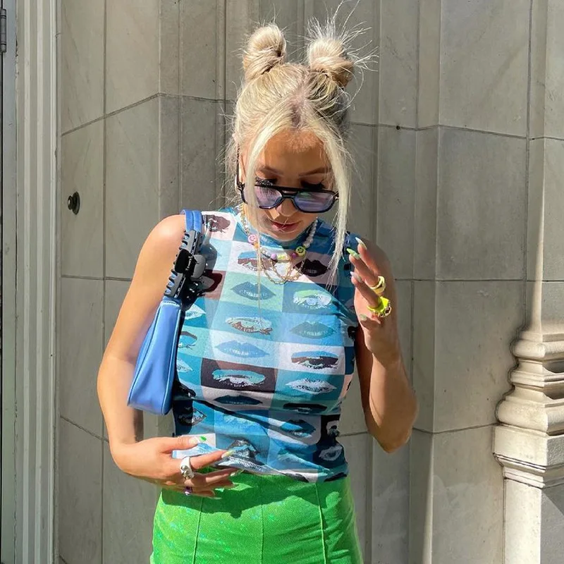 

E-girl Streetwear Blue Mesh Cropped Tanks Y2K Aesthetics Vintage Lips Print Plaid Sleeveless Tops Summer Punk Style Vest